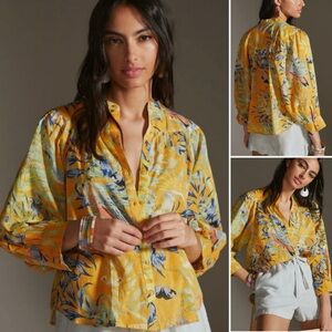 Anthropologie Maeve Cotton Puff-Sleeved Tropical Parrot Blouse - XS